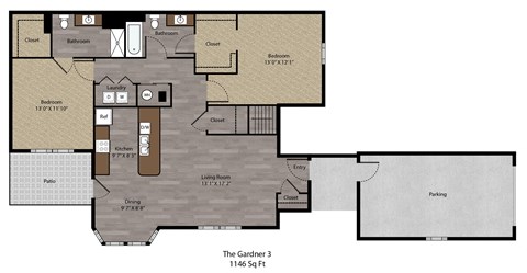 Floor plan for 2 beds, 2 baths, 1146 sqft